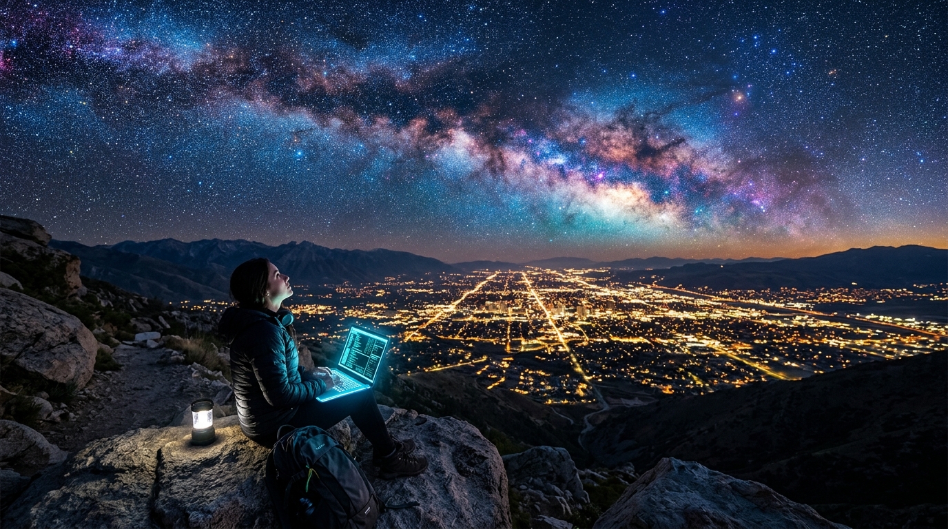 Inspiring developer sitting on a Wasatch mountain overlook with glowing terminal under the cosmic Milky Way