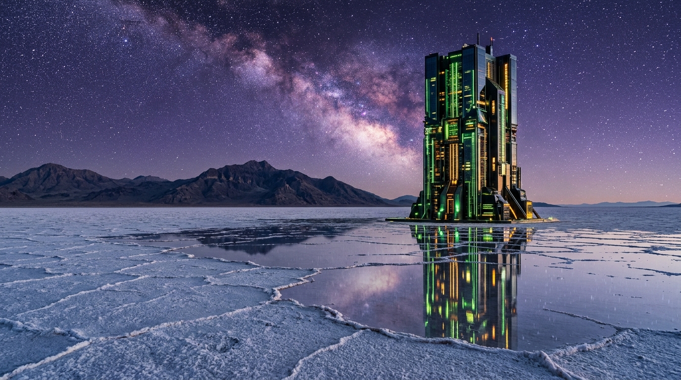Utah High Desert Compute Monolith rising from crystalline salt flats under cosmic Milky Way