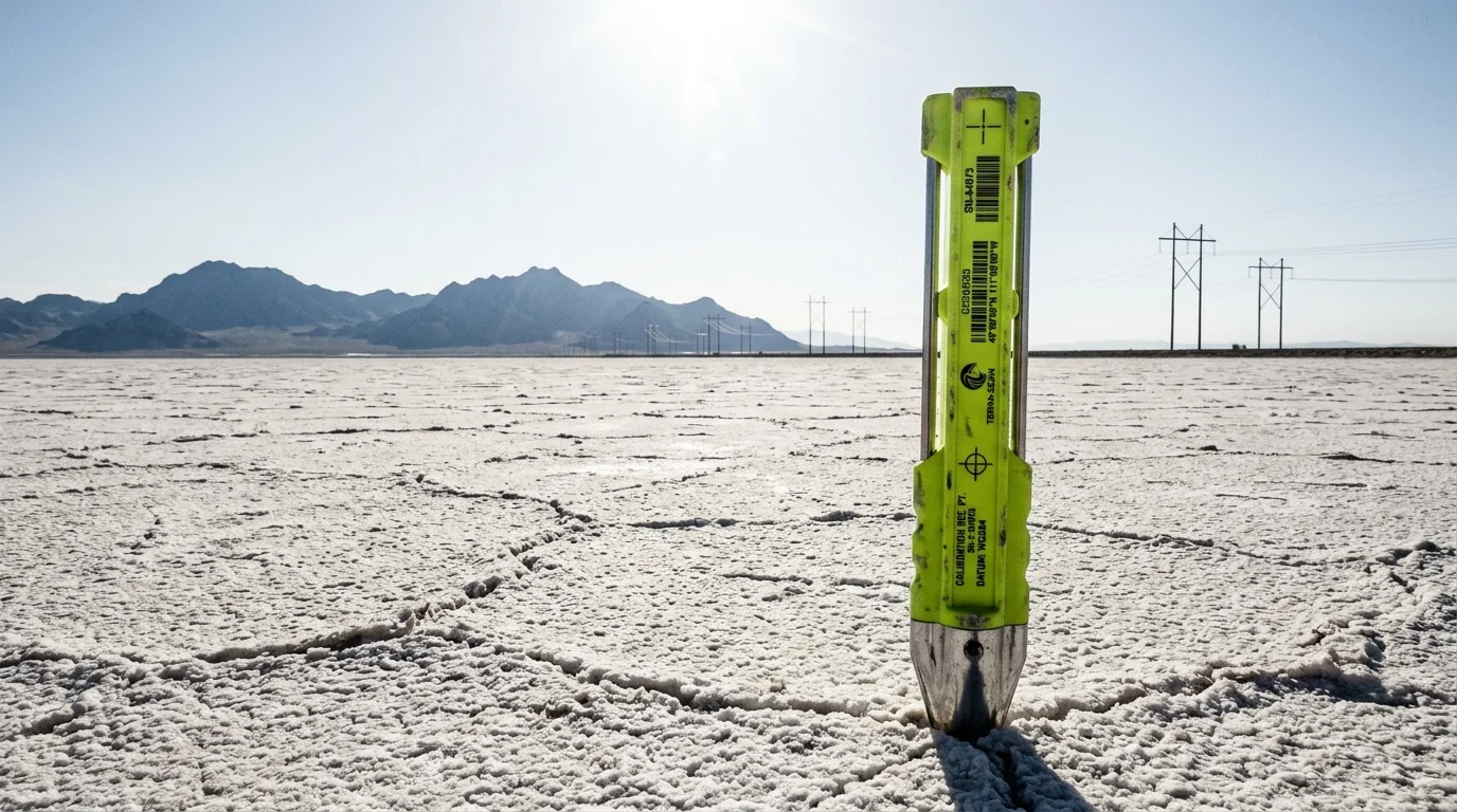 An acid-yellow survey marker on Utah salt flats, with mountains and power lines crossing the open horizon.